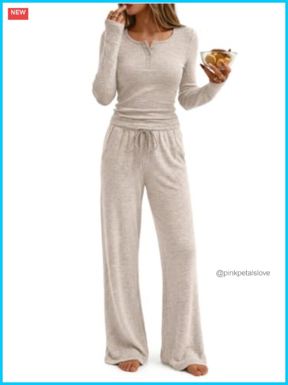 Women's 2 Piece Lounge Set Henley Neck Wide Leg Pants Soft Breathable